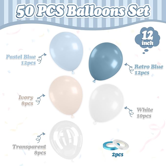 FunHot Dusty Blue Balloons, 50 Pcs Pastel Blue White Latex Balloon, 12 Inch Ivory Transparent Helium Balloons for Boy Baby Shower Men Birthday Graduation Wedding Anniversary Proposal Party Decor