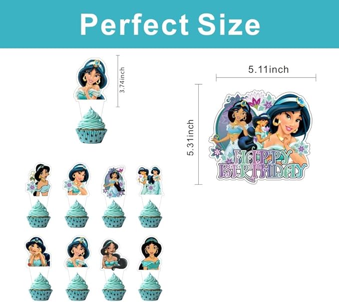 25Pcs Princess Jasmine Cake Decorations with 24pcs Cupcake Toppers 1pcs Cake Topper for Girls Birthday Party Supplies
