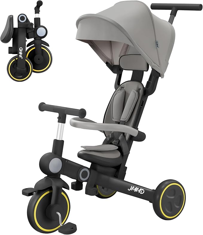 JMMD Baby Tricycle, 7-in-1 Multifunctional Kids Trike with Adjustable Parent Handle, Safety Harness & Wheel Brakes, Removable Canopy, Stroll Trike for Boys & Girls Ages 18 Months-5 Years, Black