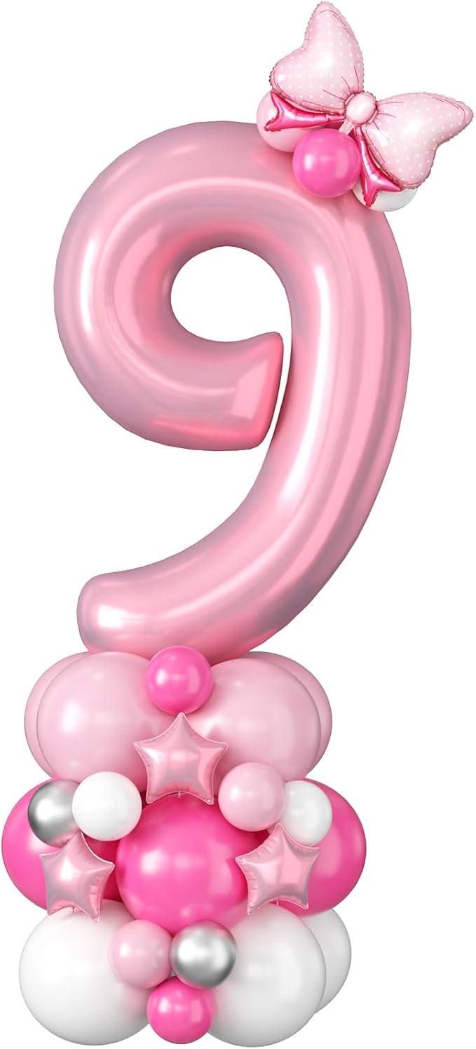 40 Inch Pink Number 9 Balloon for 9th Birthday Decoration Pastel Baby Pink Number Nine Foil Balloon Tower Giant Large Digit Hot Pink White Helium Balloons Stack Stand for Girls Anniversary Party