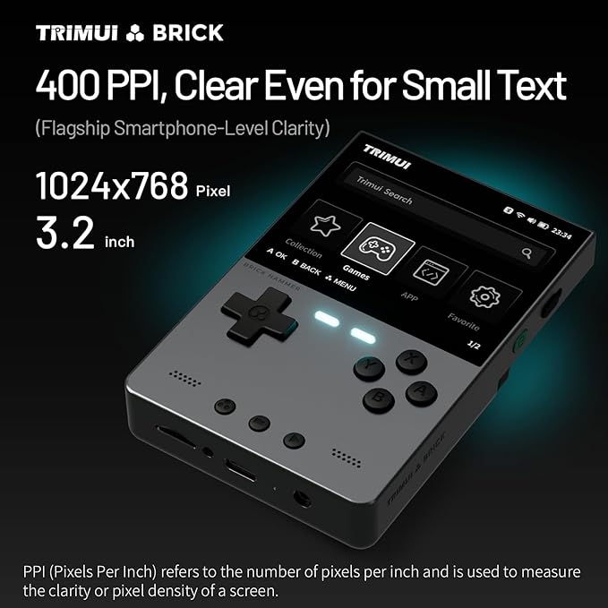 TRIMUI Brick Hammer Retro Handheld Game Console – Metal CNC Aluminum Alloy Body, 3.2" IPS Screen, 8GB Storage, Expandable to 1TB, Built-in 3000mAh Battery Black-64G