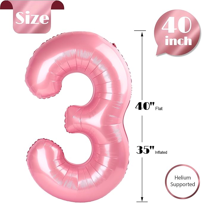 Pearlescent Pink Number 3 Balloon 40 Inch, 3rd Birthday Celebration Supplies for Girls Boys Women Men, 3 Balloon for Girls Boys Theme Party