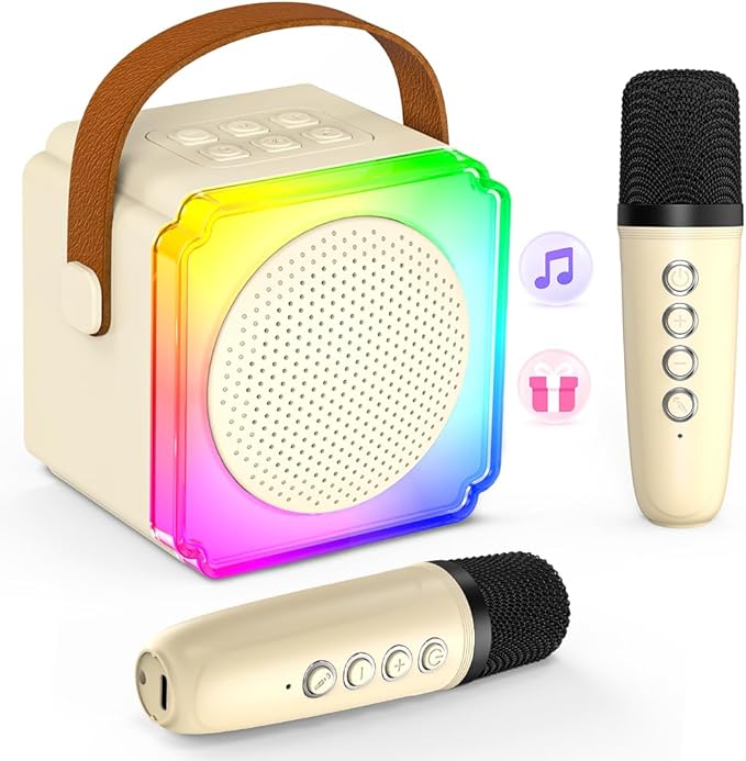 Mini Karaoke Machine for Kids Adults, TOP Toy Gift Bluetooth Karaoke Speaker with 2 Wireless Microphones, LED Party Lights, AUX/USB/TF- Christmas Birthday Gifts for Girls Boys Ages 3-12+, Beige