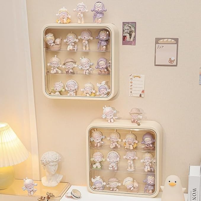 Clear Display Case for Figures, Wall Mounted Acrylic Storage Box, Dust Proof Display Cabinet Organizer for Mini Pop Mart Action Figures Collectibles (Cream)