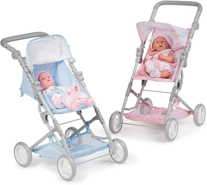 JC Toys - Berenguer Boutique | Fashionable Stroller with Canopy and Storage | Simple Folding |Blue Accessory Collection | for Dolls up to 18" | Ages 3+