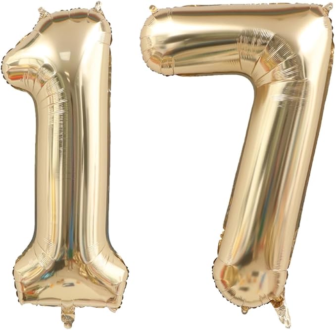 40 Inch Light Gold 17 Number Balloons White Gold Giant 17 Foil Mylar Helium Large Digital Balloon Champagne Gold Birthday Numbers Jumbo Balloons 17th or 71st Anniversary Party Decorations Supplies