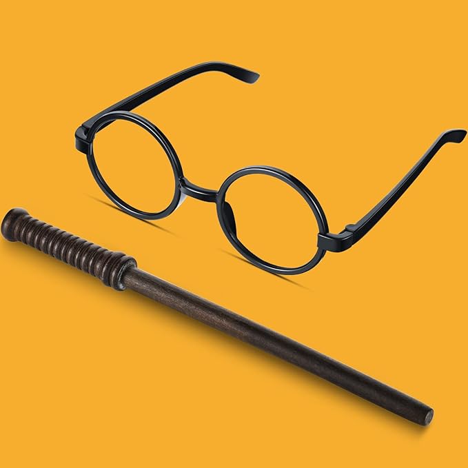 72 Pcs Wand Pencils and Glasses Wizard Halloween Party Favors, Including 24 Wizard Wand Pencils and 24 Plastic Costume Glasses Frame with 24 Storage Bags for Kids Theme Party Supplies