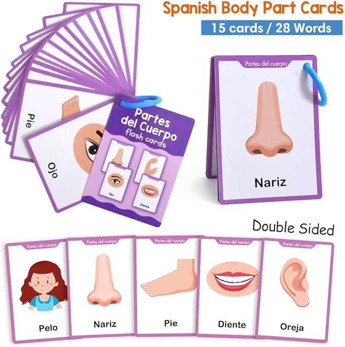 Spanish 4 Themes Set Vocabulary Learning Flashcards, Early Childhood Education Materials for Preschool Kindergarten Language Learning Teaching Aids, Words Cognitive Cards
