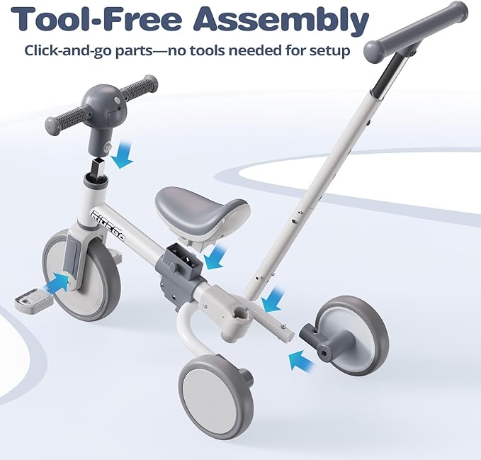 Ridego 5-in-1 Tricycle for Toddlers 2-5 Year Olds, Kids Balance Bike & Toddler Push Bike with Parent Handle, RGB Music Light, Tool-Free Assembly Birthday Gift for Boys Girls