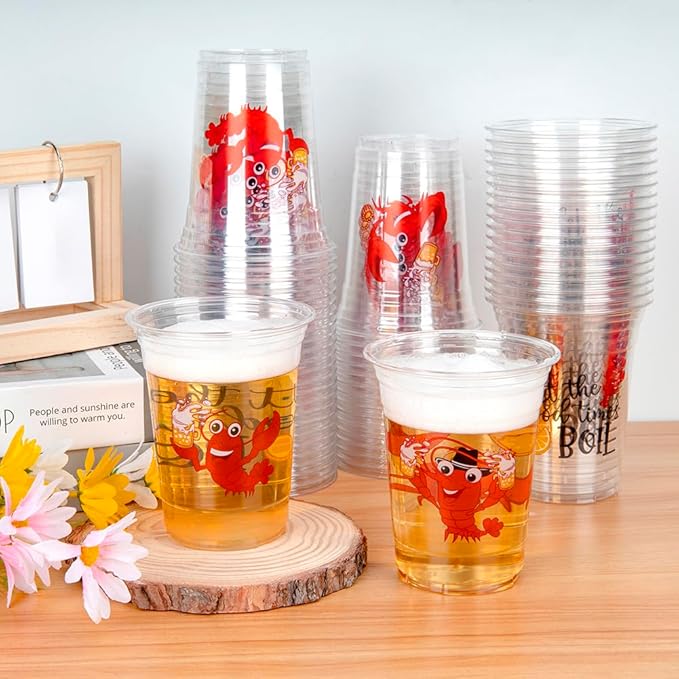 100 Pcs Crawfish Boil Cups, 16 oz Plastic Cups Disposable Party Decoration Lobster Cup Drinking Tableware for Party Supplies