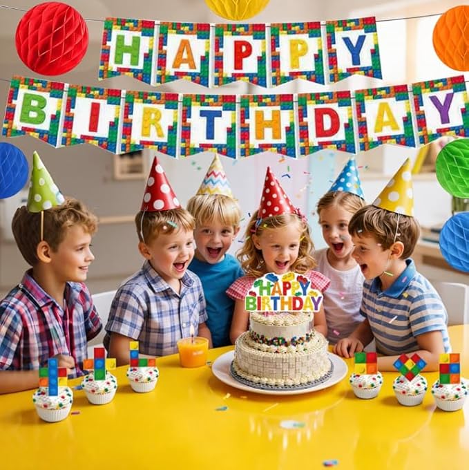 20pcs Building Blocks Themed Birthday Party Decorations Supplies Pack Happy Birthday Banner with Cupcake Topper for Colorful Backdrop Birthdays Party Decor