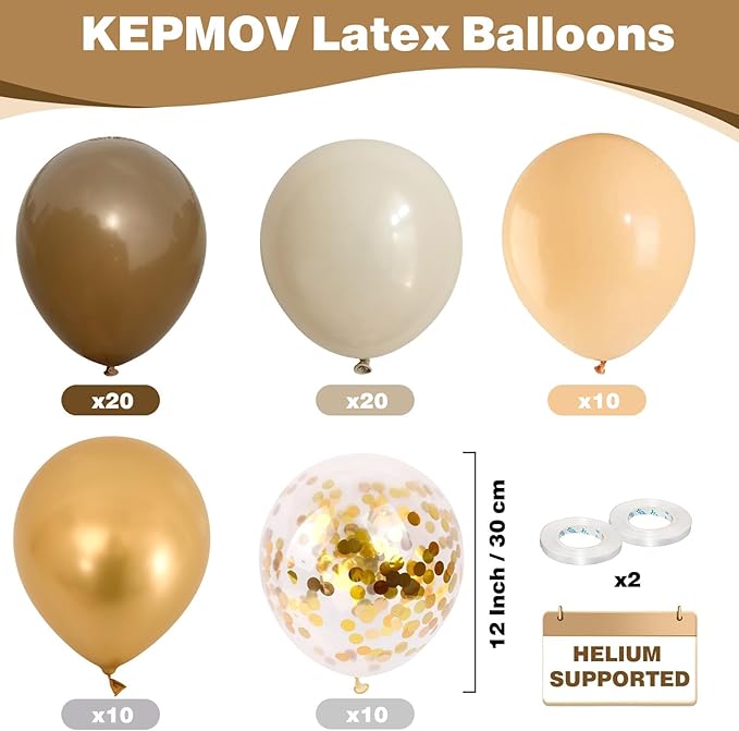 Brown and Gold Balloons, 60PCS 12 Inch Brown Sand White and Nude Balloon Set with Metallic Gold Confetti Balloons, Latex Helium Balloon for Birthday Wedding Graduation Anniversary Party Decorations
