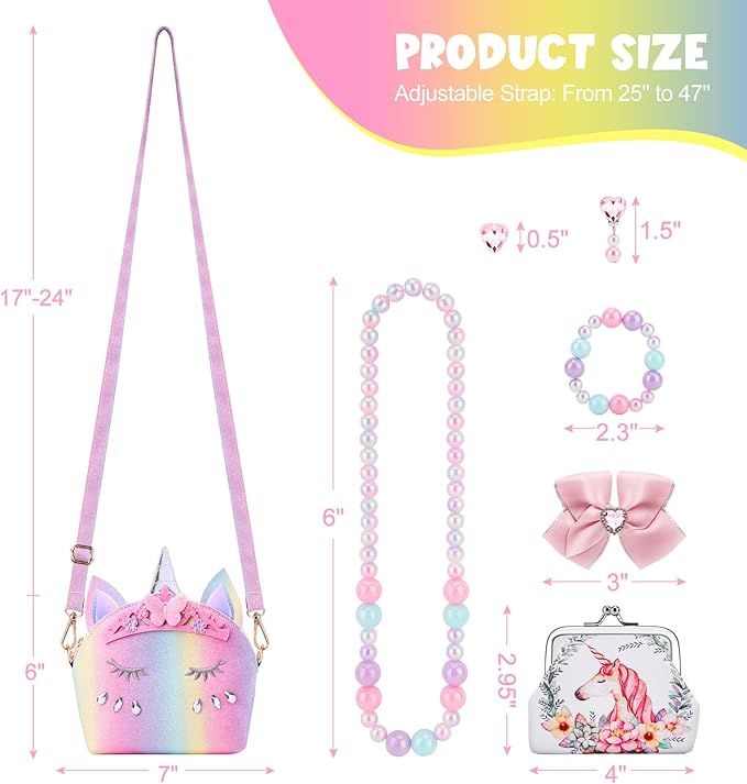 JYPS 7PCS Toddler Purse for Girl, Girls Wallet with Pretend Play Toys, Princess Toys with Kids Dress Up Jewelry Set (Rainbow Crown Unicorn)