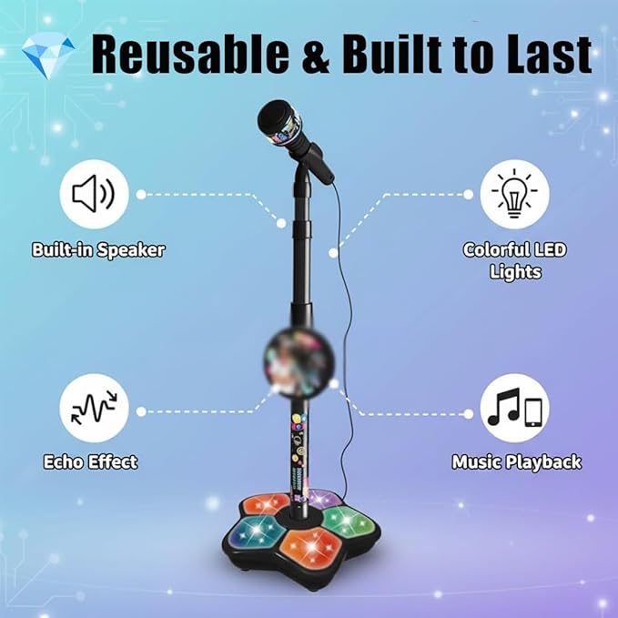 The All-in-One Microphone Toy, Kids Microphone with Stand, Adjustable Stand, Speaker & LED Lights, Funny Karaoke Microphones Toy for Singing, Boys & Girls (Black*Blue)