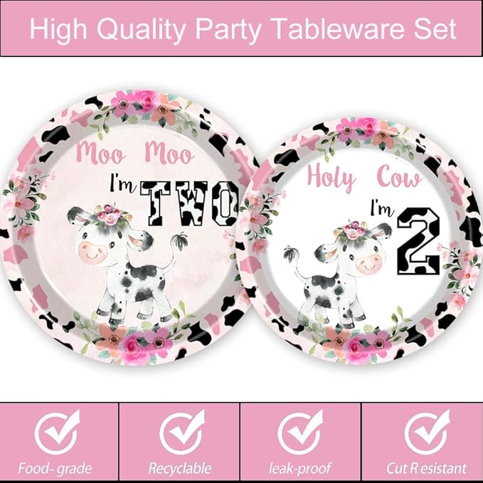 51 Pcs Holy Cow I'm Two Girls Birthday Party Supplies Moo Moo I'm Two Tablecloth Paper Plates Napkins Forks Dinnerware for Farm Animals Cow Theme Girls 2nd Birthday Party Supplies Decorations