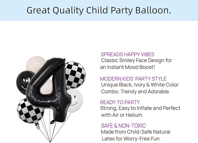 100% LIKED- 40” Black Four|Black & White Smiley Face Latex |Checkered Foil for Birthday Decorations, Smiley Face Party Deco, Baby Shower, 4th Birthday Party Supplies