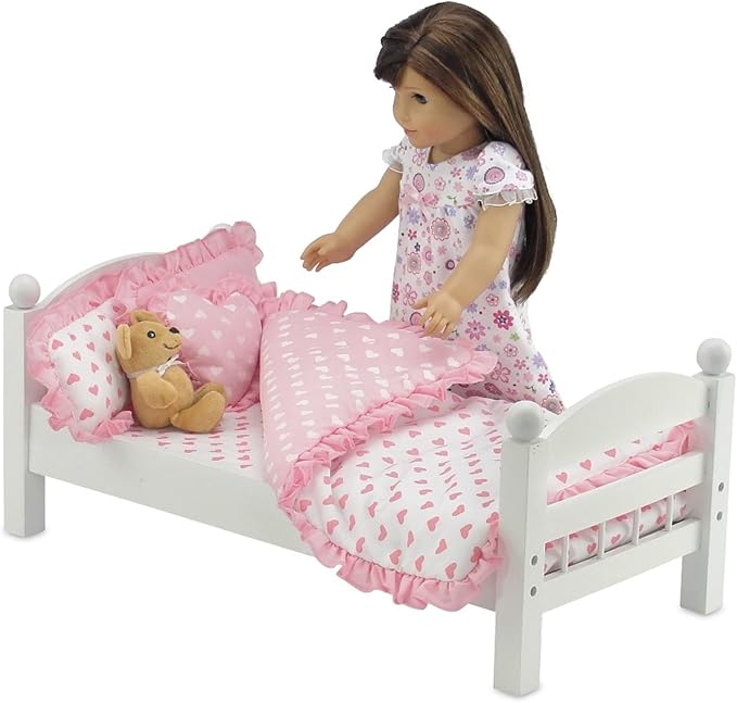 Emily Rose 18" Doll Pink Heart Valentines Bedding Set – 5 Pc Doll Bed Bedding & Bedroom Accessories with Comforter, Pillows & Matress Covering Flat – Fits American Girl, Bunk Beds, Cribs
