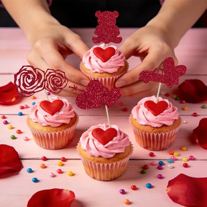Valentines Cupcake Toppers, 24 PCS Happy Valentines Cupcake Toppers, Glitter Red Heart Love Bear Cupcake Picks Food Picks Toppers Cake Decorations for Valentine's Day Party Decorations Supplies