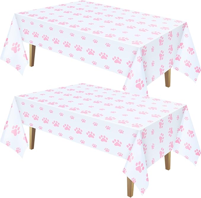 Tatuo 2 Pcs Puppy Paw Print Plastic Tablecloth Disposable Table Cover Puppy Themed Birthday Party Decorations for Dog Party Supplies (Pink,71 x 54 Inch)