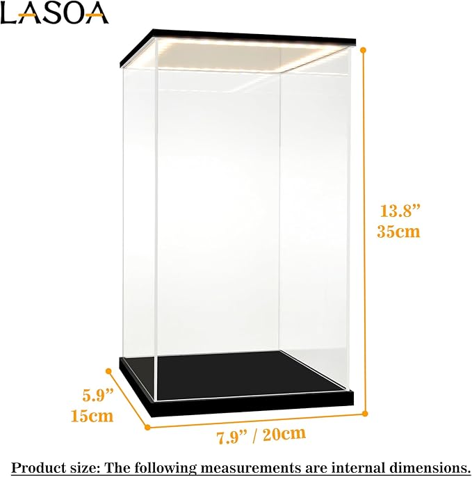 LASOA Acrylic Display Case with RGBW Color Changing LED Light, Clear Display Box for Action Figures and Collectibles, Self-Assembly Dustproof Showcase with Black Base, 7.9x5.9x13.8inch