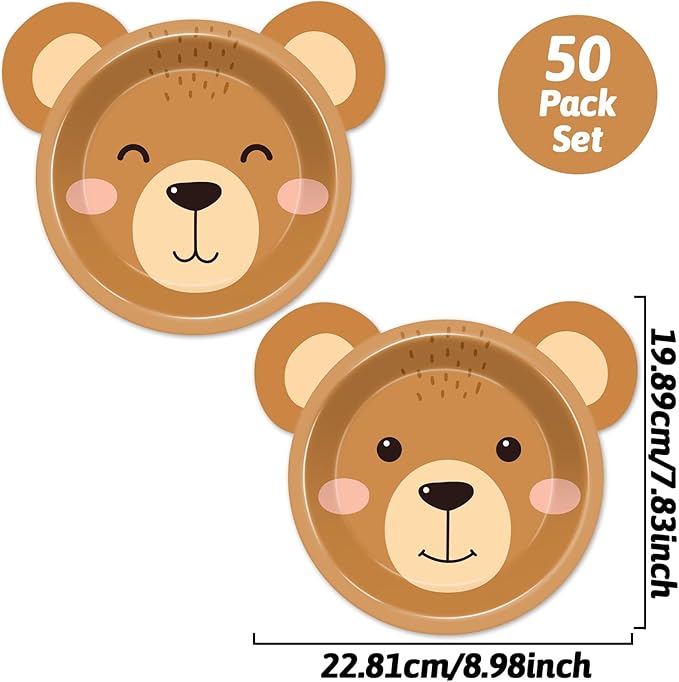 50 Count Bear Paper Plates Bear Shaped Disposable Cake Plates Brown Theme First Birthday Tableware Teddy for Gender Reveal Boy Girl Baby Shower Birthday Party Decorations