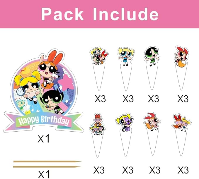 25Pcs Power Girls Cake Decorations with 24pcs Cupcake Toppers, 1pcs Cake Topper for Girls Birthday Party Supplies