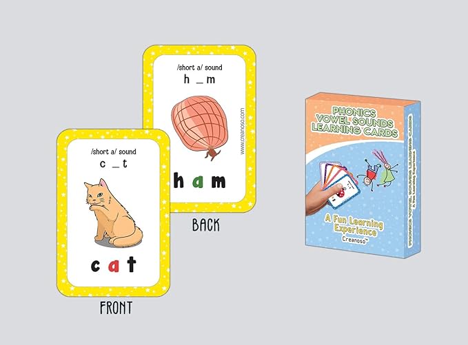 Creanoso Phonics Vowel Sounds Learning Cards for Boys Girls (2-Deck) – Learning Day Care Classroom Nursery Home Teaching Supplementary Educational Card Pack for Parent Teachers Boys Girls