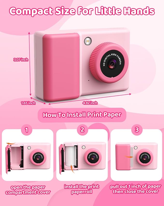 Kids Camera Instant Print, 20MP 1080P Video Instant Print Camera for Kids with 32GB SD Card, 240 Photos Printing, Face Recognition, ABS Durable, Christmas Birthday Gifts for Ages 3-12 (Pink)
