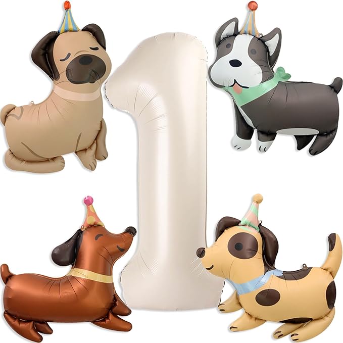 Animal Dog Balloons Puppy Balloon 40 Inch Cream White Number 1 Balloons for Dog 1st Birthday Decorations Dogs Birthday Party Supplies