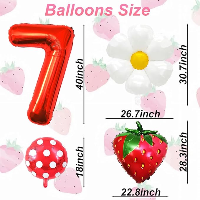 Strawberry Balloons Seventh Birthday Decorations for Girl, 40 Inch Mylar Red Number 7 Balloons, Strawberry Balloon for Strawberry Birthday Decorations, Strawberry Themed Party