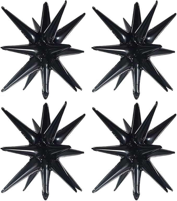 TONIFUL 4 Pcs 22inch 4D Huge Black Star Balloons Explosion Star Mylar Foil Balloons for Party Supplies Backdrop Christmas,New Year,Birthday,Halloween, Wedding,Photo Booth Ornament