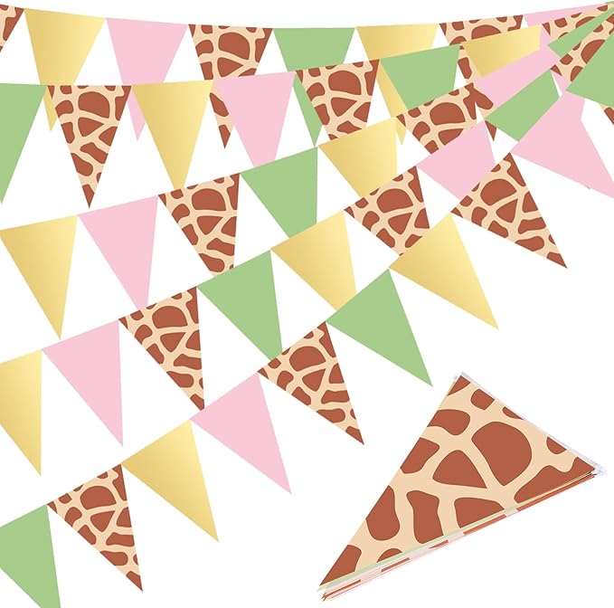 Tiamon 5 Pcs Wild One Birthday Banner Decorations Giraffe Animals Pink Jungle Safari Pennant Bunting Printed Triangle Flag for Jungle Wild Baby Shower Zoo Giraffe Birthday Party Decor Supplies