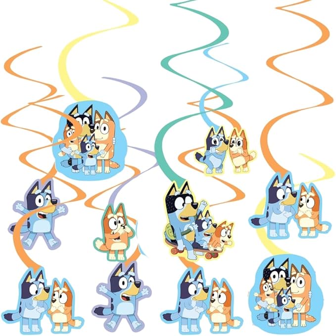 Stunning Bluey Spiral Decorations (Pack of 12) - Multicolor Cardstock Hanging Decor - Perfect for Parties, Events & Occasions
