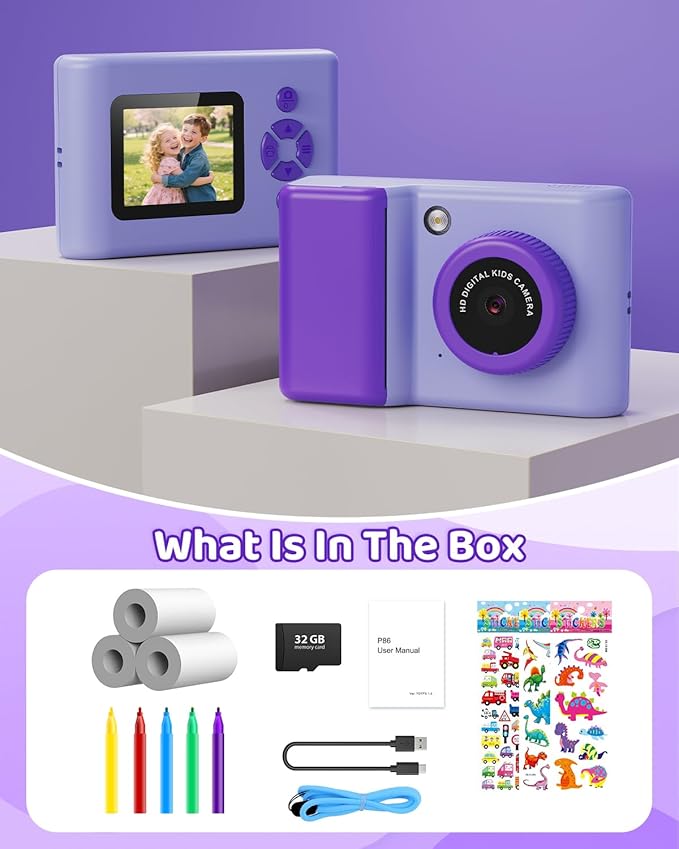Kids Camera Instant Print, 20MP 1080P Video Instant Print Camera for Kids with 32GB SD Card, 240 Photos Printing, Face Recognition, ABS Durable, Christmas Birthday Gifts for Ages 3-12