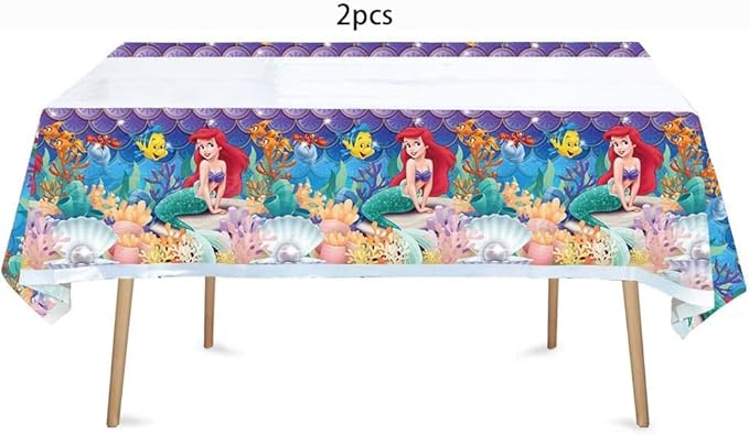 Little Mermaid Tablecloth, 2pcs Rectangular Plastic Table Cover, 70'' x 42'', Waterproof Birthday Party Supplies Decorations (2 Pack Blue Pink) 1