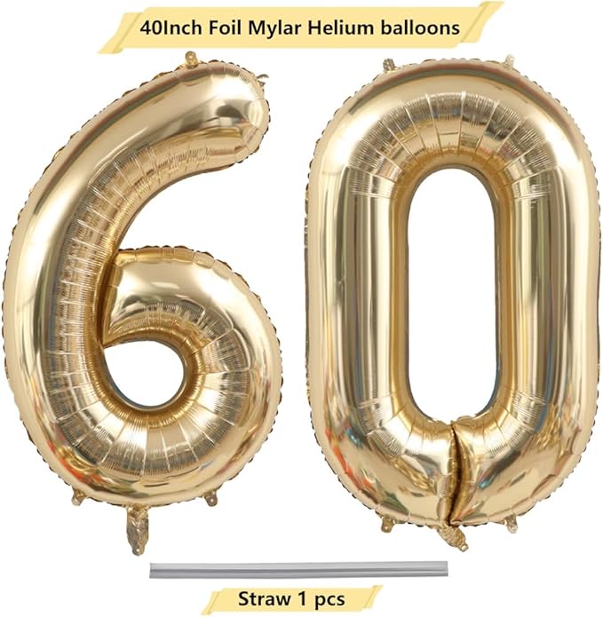40 Inch Light Gold 60 Number Balloons White Gold Giant 60 Foil Mylar Helium Large Digital Balloon Champagne Gold Birthday Numbers Jumbo Balloons 60th Anniversary Events Party Decorations Supplies