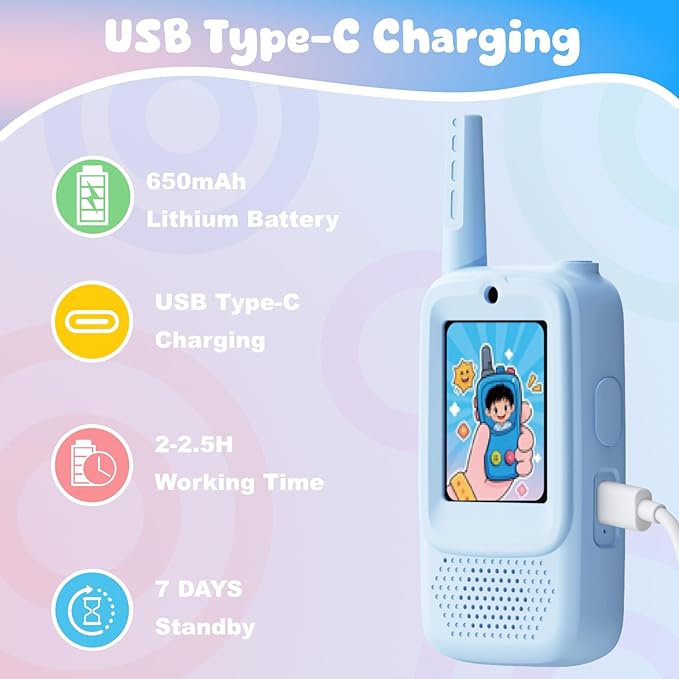 Video Walkie Talkie Toys for Age 3-12 Boys, 2 Pack Rechargeable Walkie Talkies with Screen, Christmas Birthday Gifts for Boys Kids Indoor Outdoor Camping (Blue)