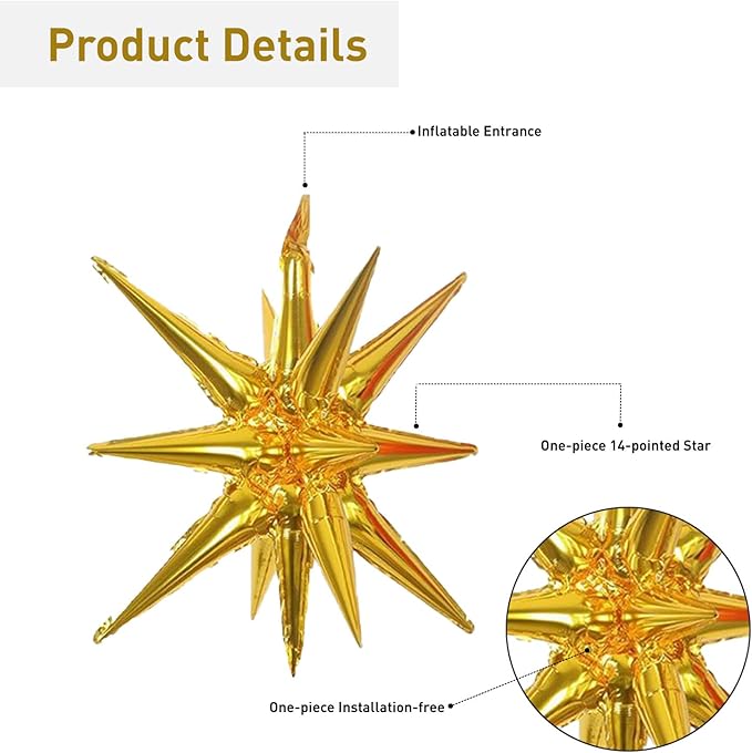 6 Pcs Gold Star Foil Balloons One-Piece 14-Pointed Star Balloon 4D Starburst Cone Mylar Balloon 22inch Christmas Birthday Wedding Wedding Anniversary Party Supplies(Gold)
