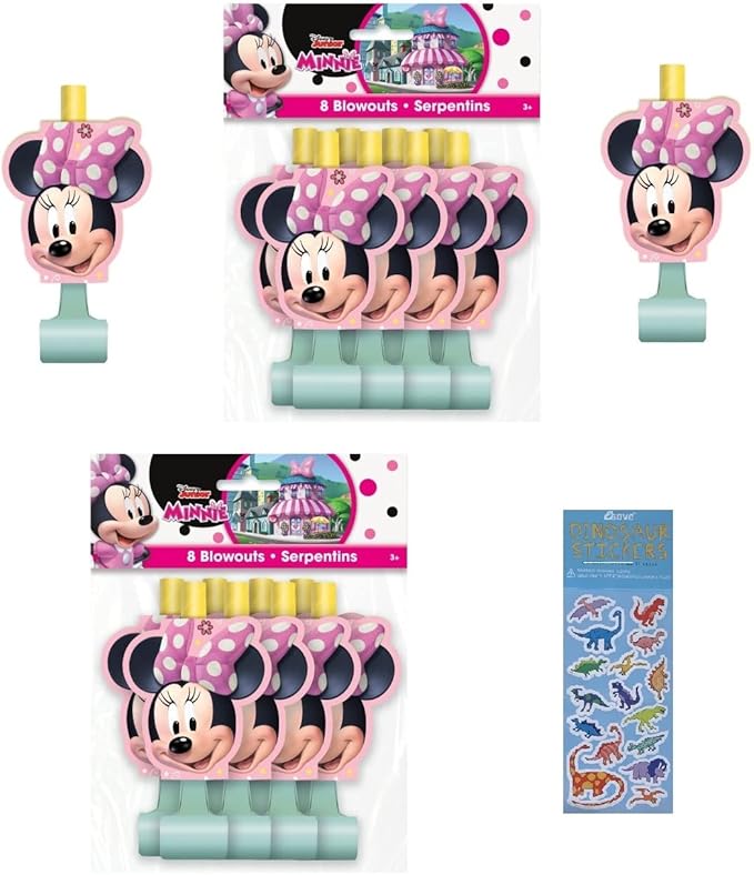 Unique Minnie Mouse Birthday Party Supplies Bundle includes 16 Party Blowouts and 1 Dinosaur Sticker Sheet