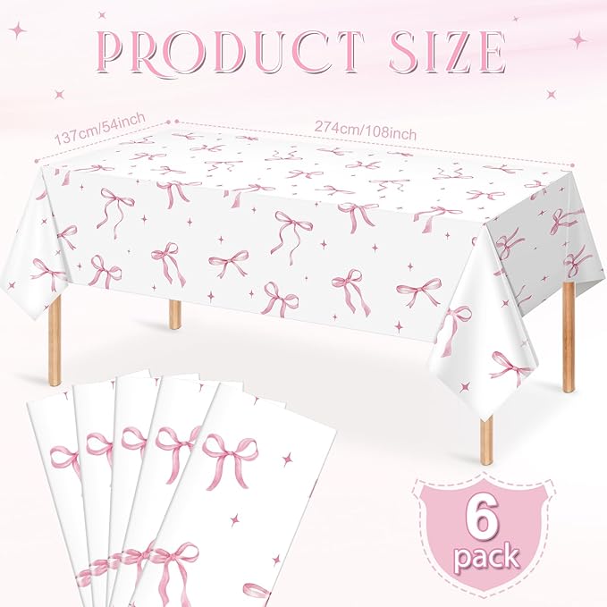 6Pcs Coquette Party Tablecloths Decorations,Pink Bow Plastic Table Cover Disposable Rectangle Table Cloth for Girls Birthday Bridal Wedding Party Supplies,54x108 Inch
