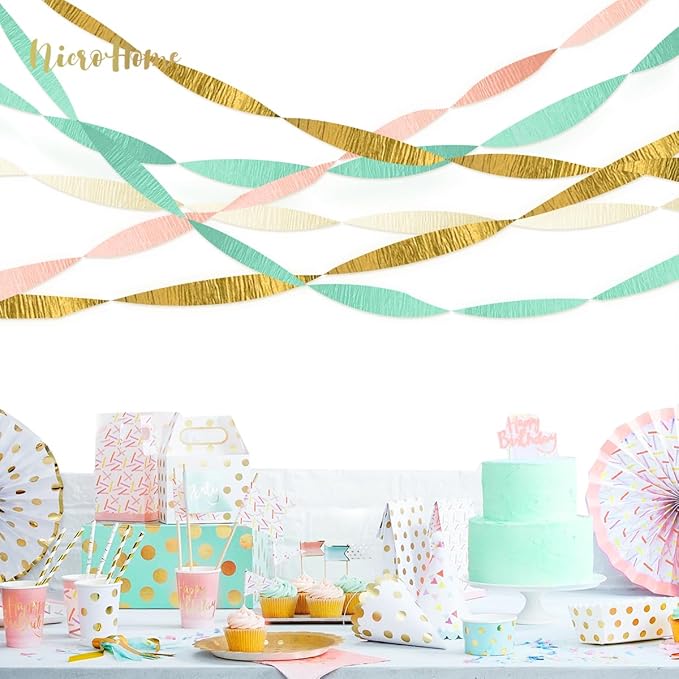 NICROHOME EUR Pastel Party Decorations, 8 Rolls Mint Green Pink White Gold Crepe Paper Streamers for Wedding, Baby Bridal Shower, Engagement Party, Birthday, Valentine's Day, Easter, 82 Ft Long