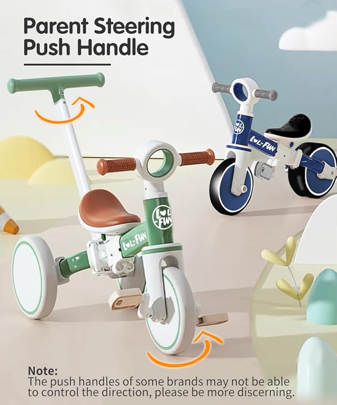LOL-FUN 5 in 1 Toddler Tricycles for 1-3 Year Olds Boys Girls Toy, Baby Balance Bike 1 Year Old Kids Gift with Parent Steering Push Handle