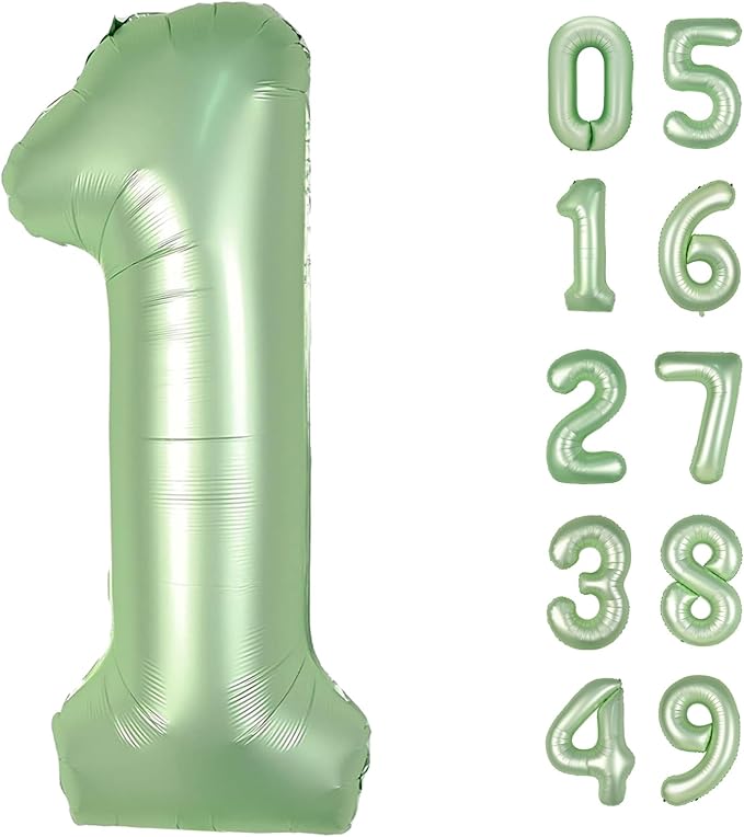 Sage Green Number 1 Balloon 40 inch, Number 1 Birthday Balloons for Boy Girl, Oliver Green Foil One Balloon for 1st 10 11 12 16 18 Birthday Party, Anniversary Celebration Number Balloons Decorations