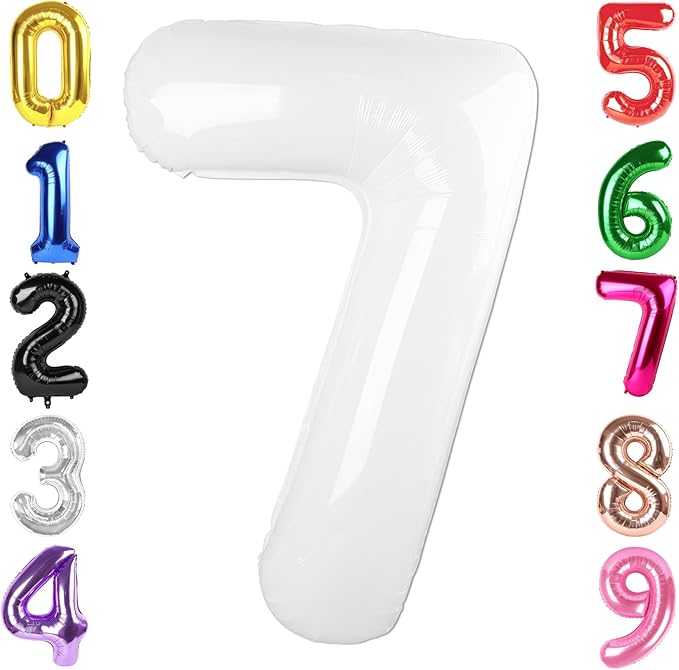 40 Inch White Number 7 Balloon, Giant 7 Number Balloons for 7th Birthday Decorations, Party Supplies for Baby Boy Girl, White Party Decor