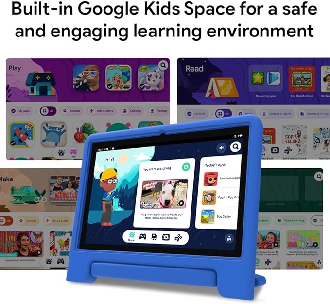 10" Kids Tablet, Android 13, 32GB (Expandable to 128GB), Quad-core, WiFi 6, Bth 5.0, Pre-Installed Parental Controls, Kids Space & Family Link (K109A-B, Blue, 32GB)