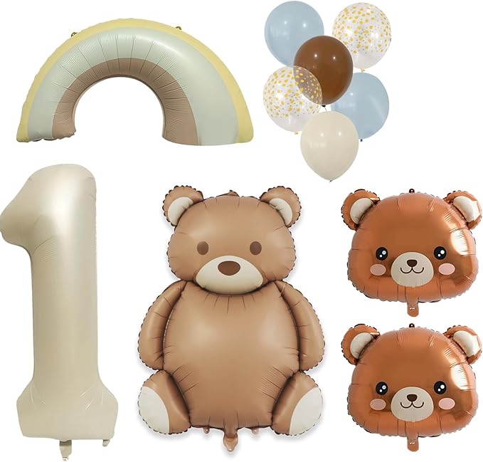 11 Pcs Bear BalloonsTeddy Bear Balloon Kit - Brown Foil & Latex Matte Anti-Reflective, Bear Baby Shower Beary First Birthday Party Decor, 12-40 Inch Large Bear Head Number 1 Rainbow Balloons