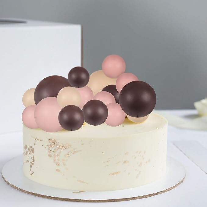 Gyufise 30Pcs Mini Balloon Cake Topper Brown Foam Ball Cake Topper Decorations Faux Pearl Balls DIY Cake Insert Topper Baking Decoration for Wedding Baby Shower Girls Boys Birthday Party Supplies