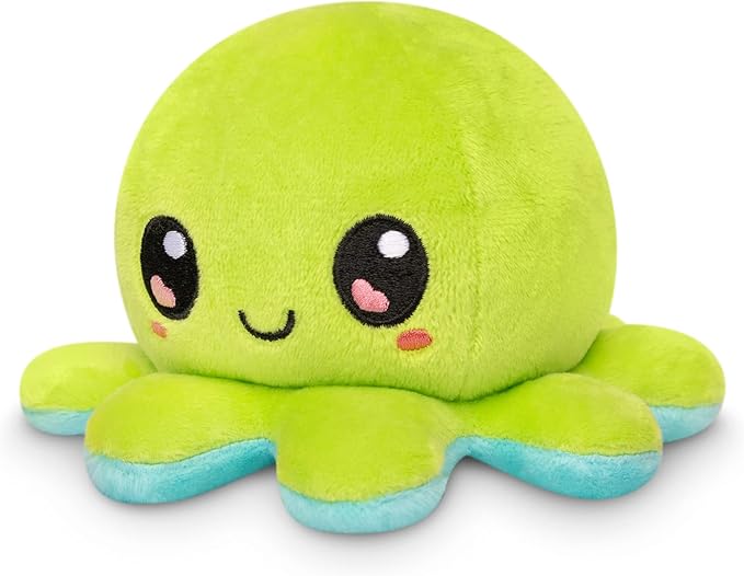 TeeTurtle Reversible Octopus Plushie - 4-Inch Happy Green + Worried Aqua Two-Sided Flip Plush Toy with Embroidered Details - Cute Mini Collectible Plush for Kids, Teens, and Adults