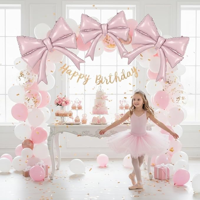 Retor Pink Bow Balloons Coquette Birthday Decorations, 4pcs Giant Dusty Baby Pink Bow Foil Mylar Balloon for Girls Women Bow Themed Party Decor Baby Shower Bridal Wedding Bachelorette Party Supplies