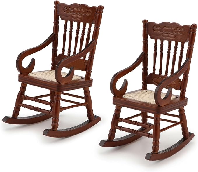 Dollhouse Chairs 2PCS Miniature Rocking Chair 1:12 Scale Wooden FurnitureAccessories Tiny Mini House Home Outdoor Decoration ModelLiving Room Scene Christmas Craft Displays (Brown)